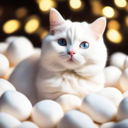 A cute female white cat sitting among a pile of fluffy marshmallows