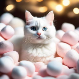 A cute female white cat sitting among a pile of fluffy marshmallows