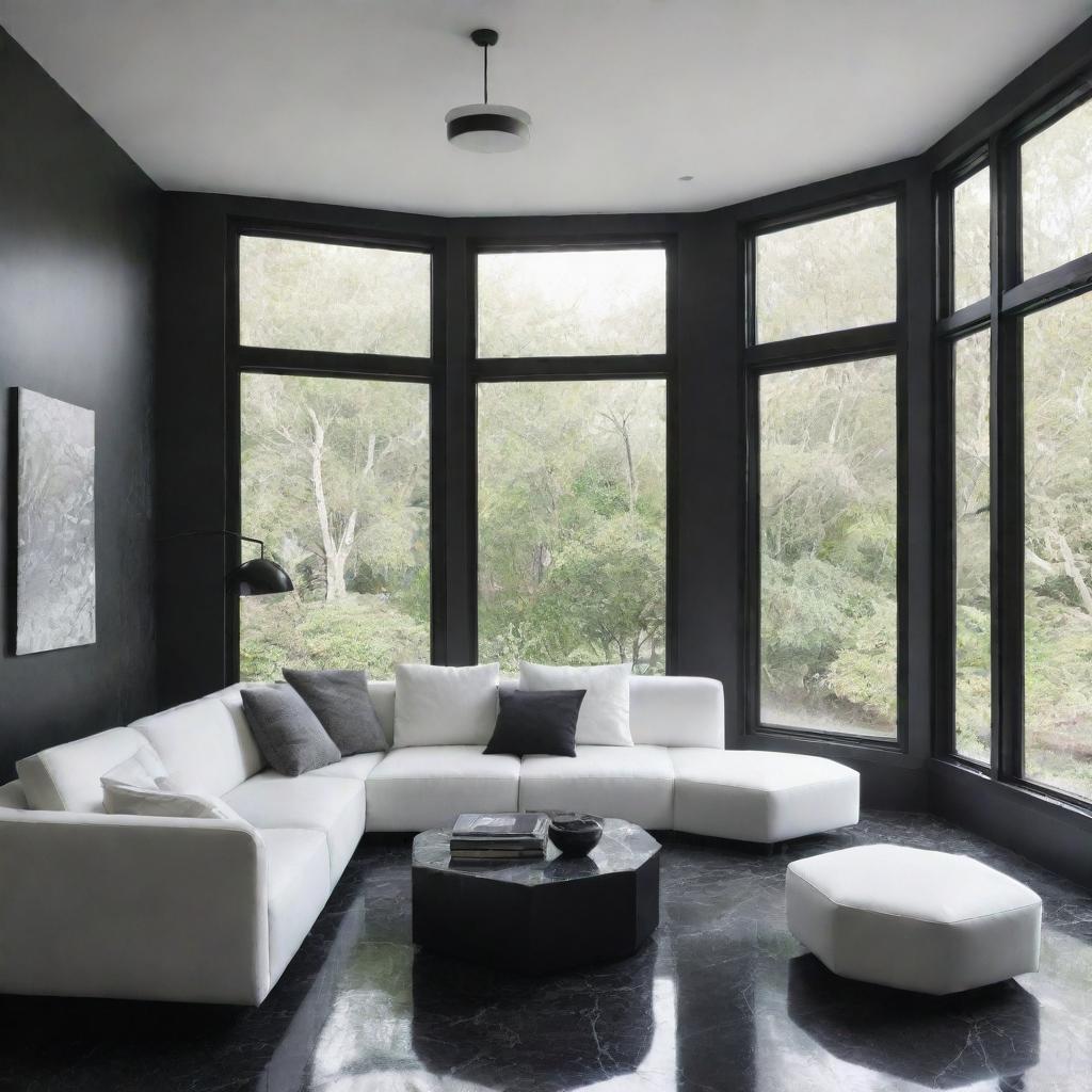 Craft four images of a minimalist living room equipped with a black marble floor, sleek white ceiling featuring middle-hung luminaries, a large black aluminum bay window, and a white, octagonal, texture-rich couch positioned centrally, all viewed from diverse angles.