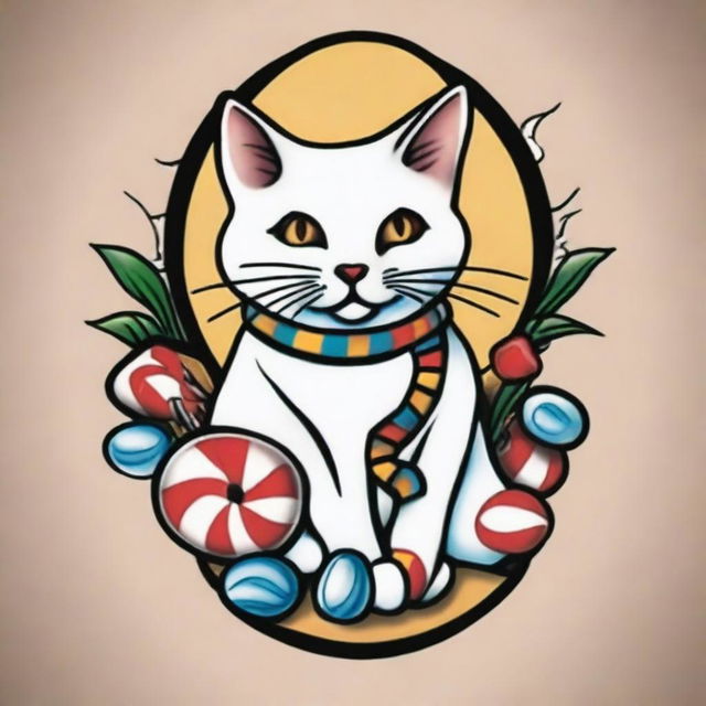 A tattoo design in the classic Sailor Jerry style featuring a white cat combined with marshmallows