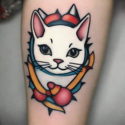 A tattoo design in the classic Sailor Jerry style featuring a white cat combined with marshmallows