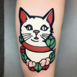 A tattoo design in the classic Sailor Jerry style featuring a white cat combined with marshmallows