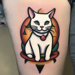 A tattoo design in the classic Sailor Jerry style featuring a white cat combined with marshmallows