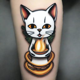 A tattoo design in the old school style featuring a white cat combined with s'mores