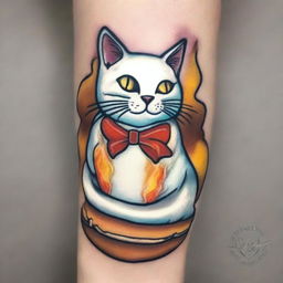 A tattoo design in the old school style featuring a white cat combined with s'mores