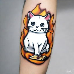 A tattoo design in the old school style featuring a white cat combined with s'mores