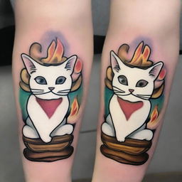 A tattoo design in the old school style featuring a white cat combined with s'mores