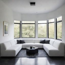 Craft four images of a minimalist living room equipped with a black marble floor, sleek white ceiling featuring middle-hung luminaries, a large black aluminum bay window, and a white, octagonal, texture-rich couch positioned centrally, all viewed from diverse angles.