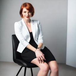 A young adult red-haired woman with short hair