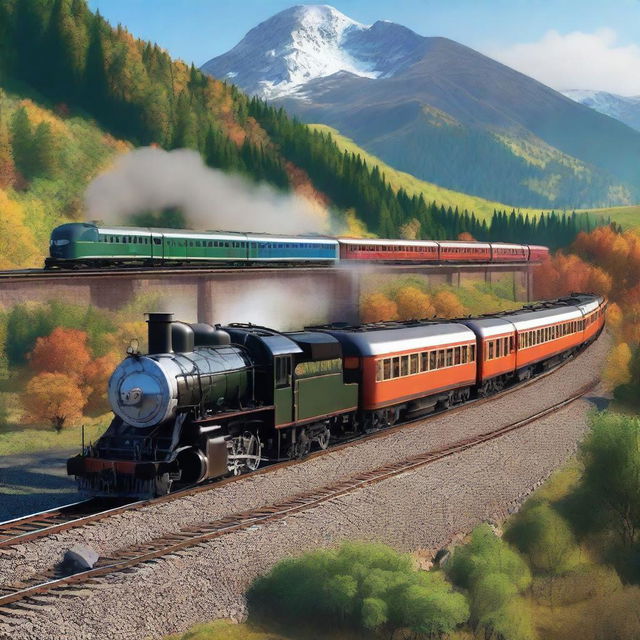 A detailed and realistic depiction of various types of trains, including steam engines, modern high-speed trains, and vintage locomotives, set against diverse scenic backgrounds such as mountains, forests, and urban landscapes