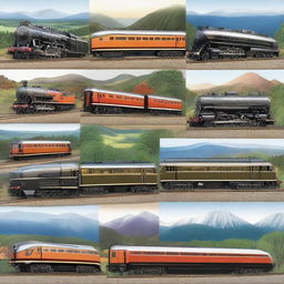 A detailed and realistic depiction of various types of trains, including steam engines, modern high-speed trains, and vintage locomotives, set against diverse scenic backgrounds such as mountains, forests, and urban landscapes