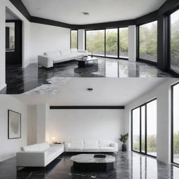 Craft four images of a minimalist living room equipped with a black marble floor, sleek white ceiling featuring middle-hung luminaries, a large black aluminum bay window, and a white, octagonal, texture-rich couch positioned centrally, all viewed from diverse angles.