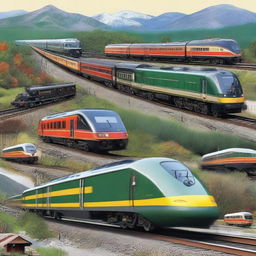 A detailed and realistic depiction of various types of trains, including steam engines, modern high-speed trains, and vintage locomotives, set against diverse scenic backgrounds such as mountains, forests, and urban landscapes