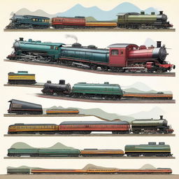 A detailed and realistic depiction of various types of trains, including steam engines, modern high-speed trains, and vintage locomotives, set against diverse scenic backgrounds such as mountains, forests, and urban landscapes