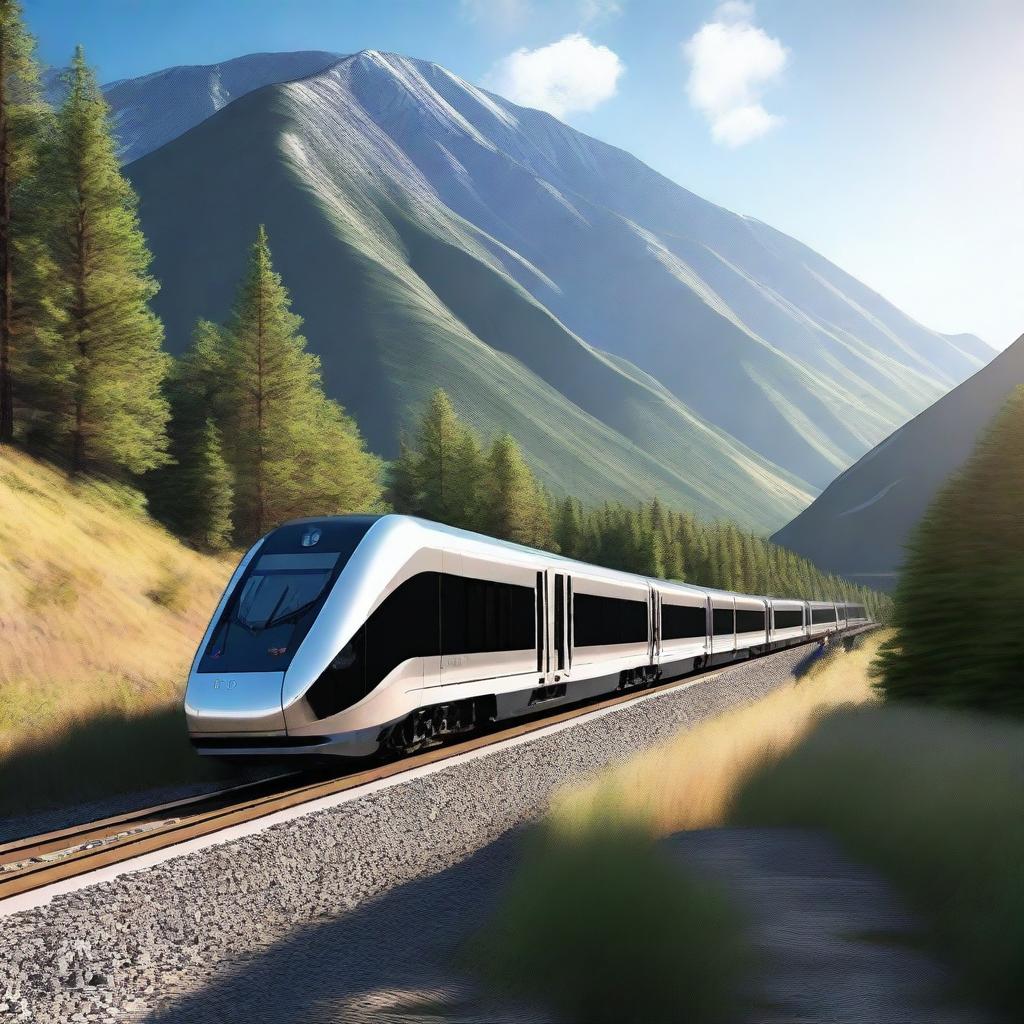 A detailed and realistic image of a modern train traveling through a scenic landscape with mountains and forests in the background