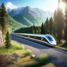 A detailed and realistic image of a modern train traveling through a scenic landscape with mountains and forests in the background