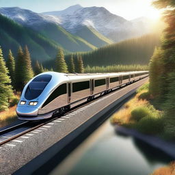 A detailed and realistic image of a modern train traveling through a scenic landscape with mountains and forests in the background