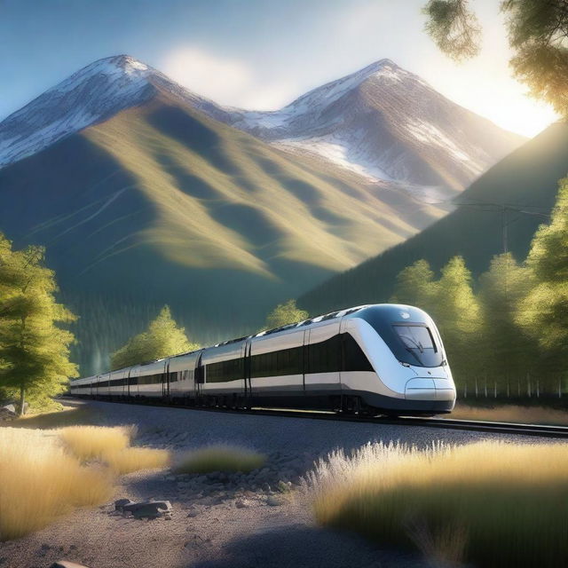 A detailed and realistic image of a modern train traveling through a scenic landscape with mountains and forests in the background