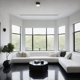 Craft four images of a minimalist living room equipped with a black marble floor, sleek white ceiling featuring middle-hung luminaries, a large black aluminum bay window, and a white, octagonal, texture-rich couch positioned centrally, all viewed from diverse angles.