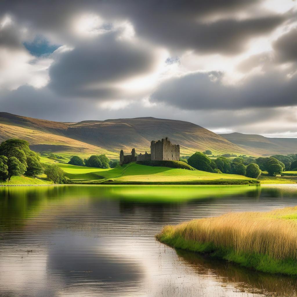 A picturesque scene of Scotland featuring rolling green hills, a serene loch, and a historic castle in the background