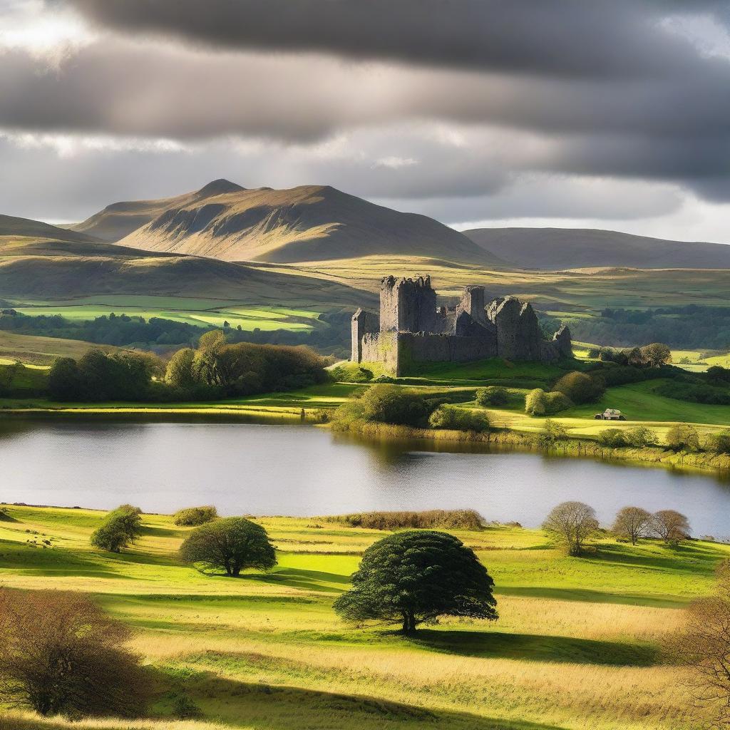 A picturesque scene of Scotland featuring rolling green hills, a serene loch, and a historic castle in the background