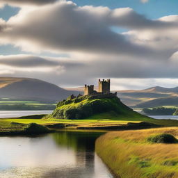 A picturesque scene of Scotland featuring rolling green hills, a serene loch, and a historic castle in the background