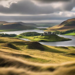 A picturesque scene of Scotland featuring rolling green hills, a serene loch, and a historic castle in the background