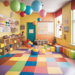 A colorful and cheerful interior of a daycare center with playful decorations, toys scattered around, and children playing happily