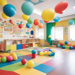 A colorful and cheerful interior of a daycare center with playful decorations, toys scattered around, and children playing happily