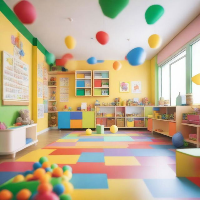 A colorful and cheerful interior of a daycare center with playful decorations, toys scattered around, and children playing happily