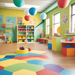 A colorful and cheerful interior of a daycare center with playful decorations, toys scattered around, and children playing happily