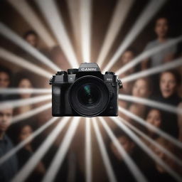 An abstract representation of a camera zooming into a diverse group of actors with the spotlight on them.