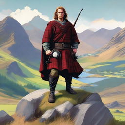 A detailed illustration of a Scottish highlander standing on a rocky hill with a scenic background of the Scottish Highlands