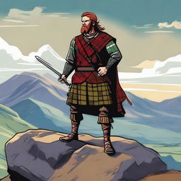 A detailed illustration of a Scottish highlander standing on a rocky hill with a scenic background of the Scottish Highlands