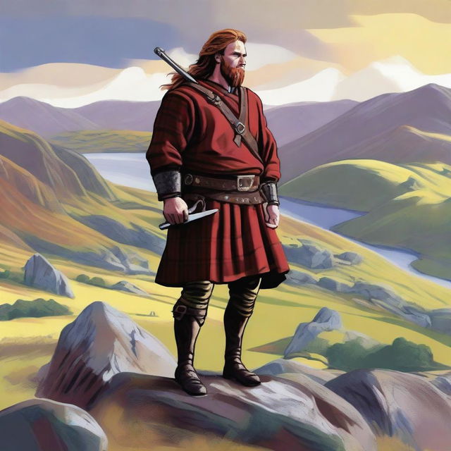 A detailed illustration of a Scottish highlander standing on a rocky hill with a scenic background of the Scottish Highlands