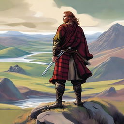 A detailed illustration of a Scottish highlander standing on a rocky hill with a scenic background of the Scottish Highlands