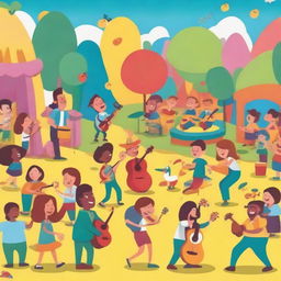 A vibrant and lively scene featuring musical instruments like guitars, drums, and pianos being played by animated characters in a joyful environment