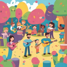 A vibrant and lively scene featuring musical instruments like guitars, drums, and pianos being played by animated characters in a joyful environment