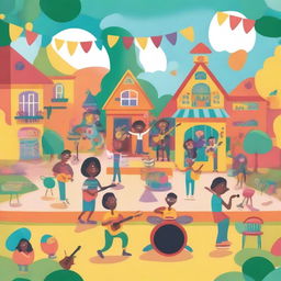 A vibrant and lively scene featuring musical instruments like guitars, drums, and pianos being played by animated characters in a joyful environment