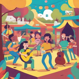 A vibrant and lively scene featuring musical instruments like guitars, drums, and pianos being played by animated characters in a joyful environment