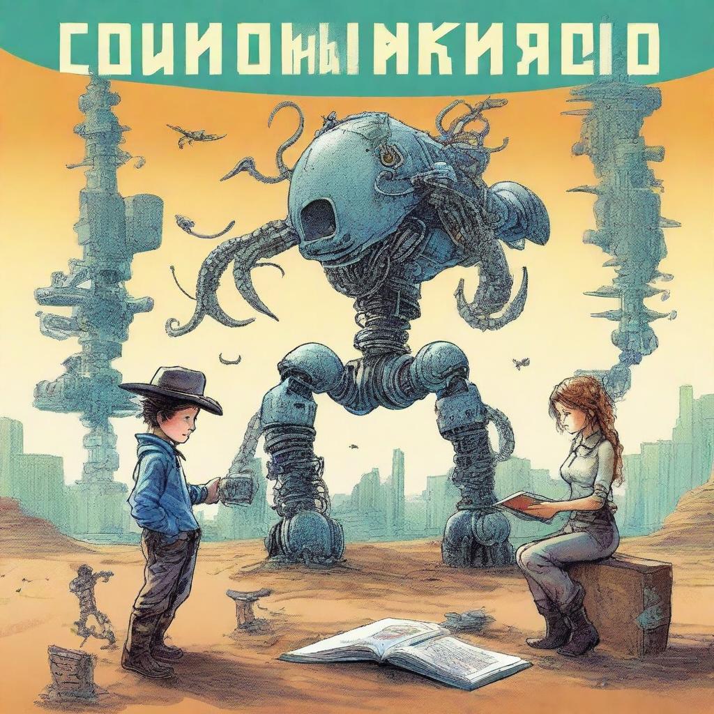 Create a book cover for a novel titled 'Cowboy Mark And The Big Robot Hard-On' by Mark Leach