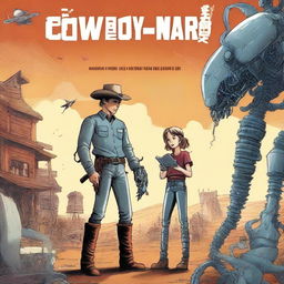 Create a book cover for a novel titled 'Cowboy Mark And The Big Robot Hard-On' by Mark Leach