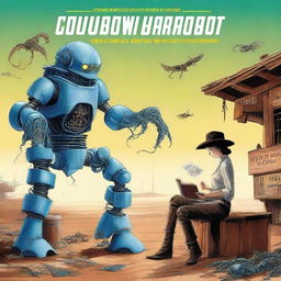 Create a book cover for a novel titled 'Cowboy Mark And The Big Robot Hard-On' by Mark Leach