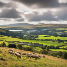 A picturesque landscape of Scotland featuring rolling green hills, ancient castles, and serene lochs