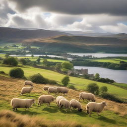 A picturesque landscape of Scotland featuring rolling green hills, ancient castles, and serene lochs