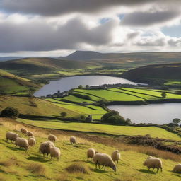 A picturesque landscape of Scotland featuring rolling green hills, ancient castles, and serene lochs