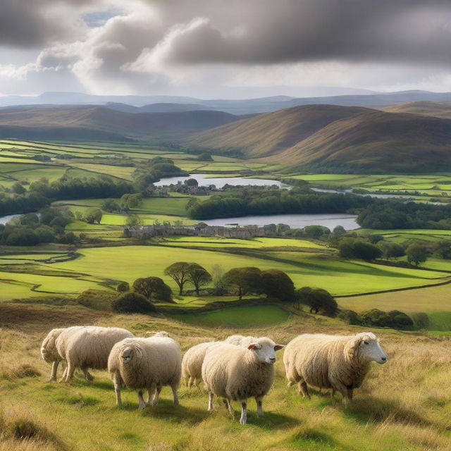 A picturesque landscape of Scotland featuring rolling green hills, ancient castles, and serene lochs