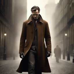 Retain the original image of the man wearing a brown coat and add material to transform it into a captivating book cover