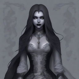 A drow dhampir with light grey skin and long black hair, dressed in Victorian attire