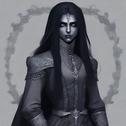 A drow dhampir with light grey skin and long black hair, dressed in Victorian attire